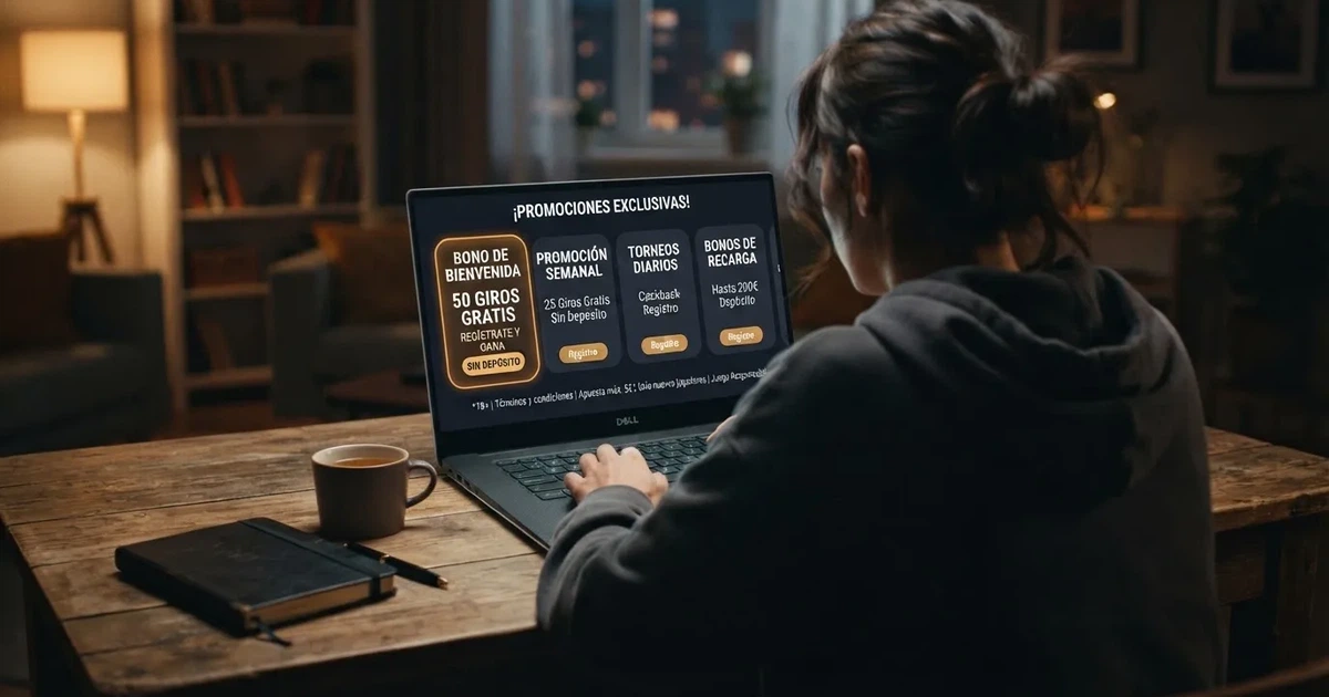 Interfaz de la sección de promociones de un casino online español mostrando ofertas etiquetadas como «sin depósito» junto a sus condiciones en letra pequeña