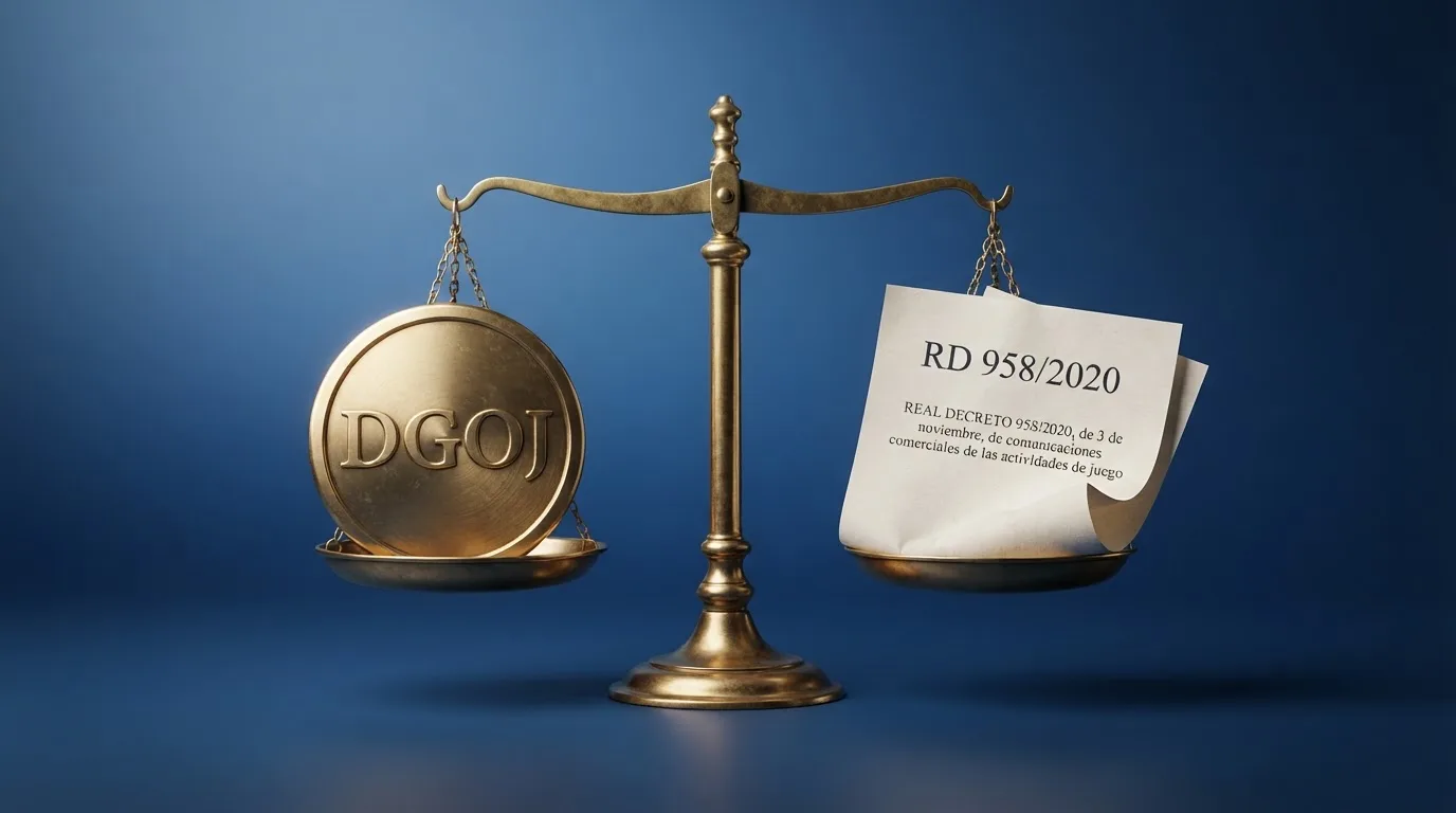 Una balanza con el escudo de la DGOJ en un platillo y un documento con las siglas RD 958/2020 en el otro, sobre un fondo azul institucional.