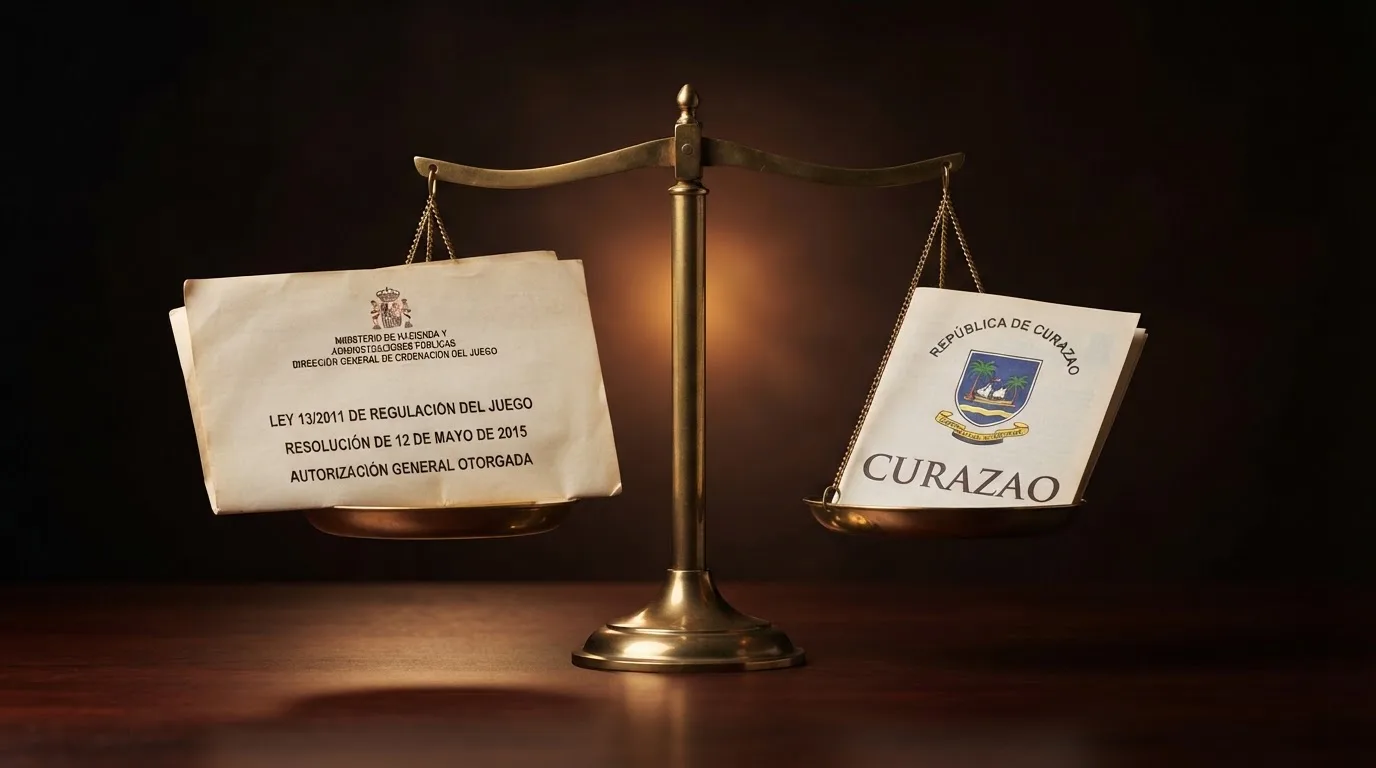 Sello oficial de la DGOJ junto a un documento de licencia de Curazao y el icono de una balanza, sobre fondo oscuro