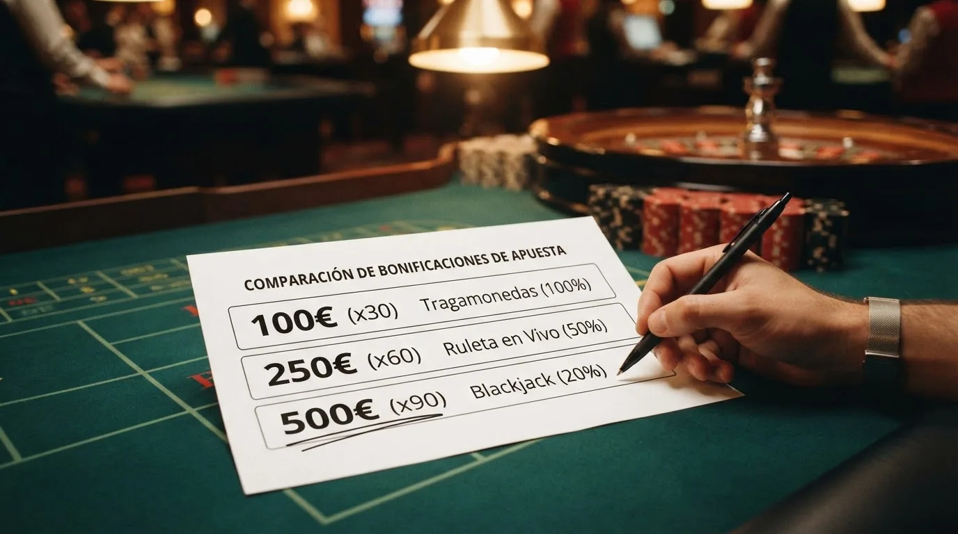 Comparativa visual de tres bonos sin depósito con sus condiciones de rollover, plazo y contribución por tipo de juego en formato de tabla