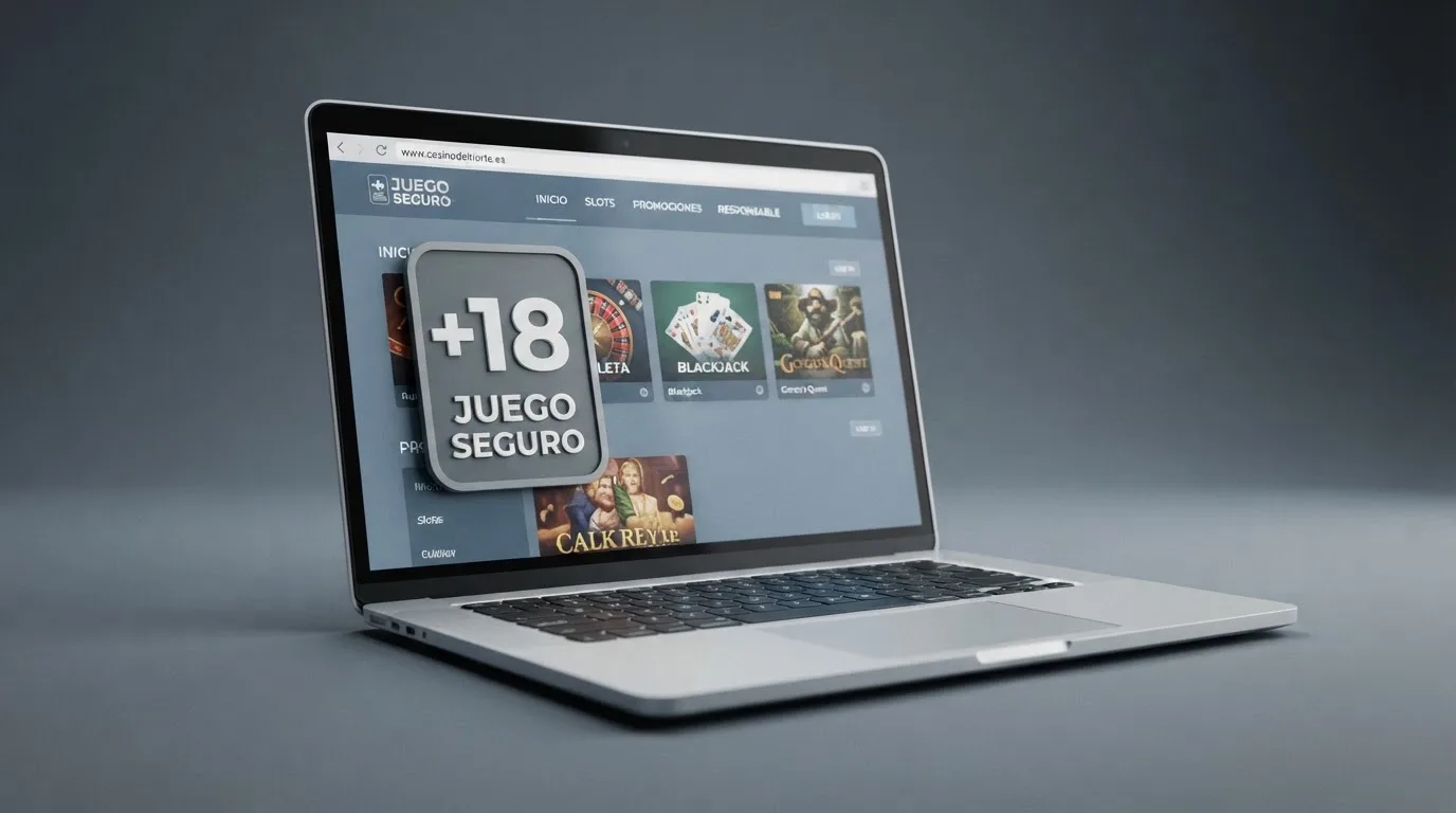 Primer plano del sello de Juego Seguro de la DGOJ sobre la pantalla de un casino online con dominio .es