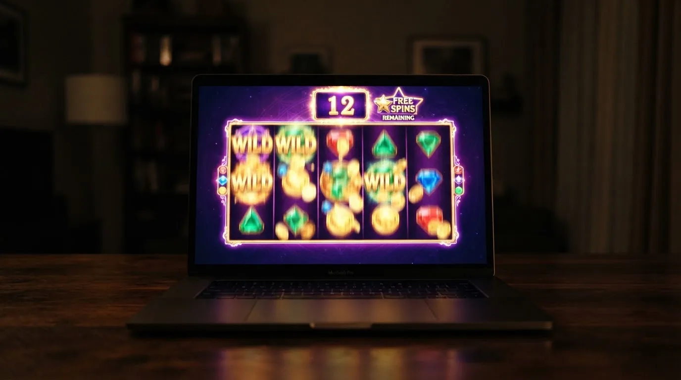 Pantalla de un slot online con el contador de giros gratis activo y los rodillos en movimiento