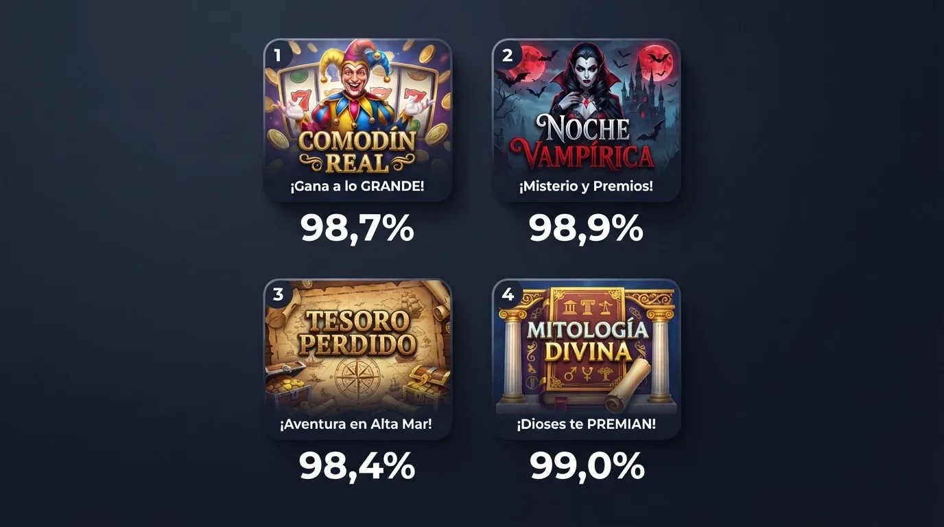 Una cuadrícula con las carátulas de Mega Joker, Blood Suckers, 1429 Uncharted Seas y Book of 99 junto a su porcentaje de RTP