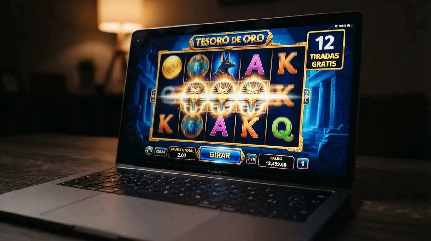La pantalla de un slot online con rodillos girando, donde se aprecian símbolos de bonificación y el contador de tiradas gratis activo en la esquina