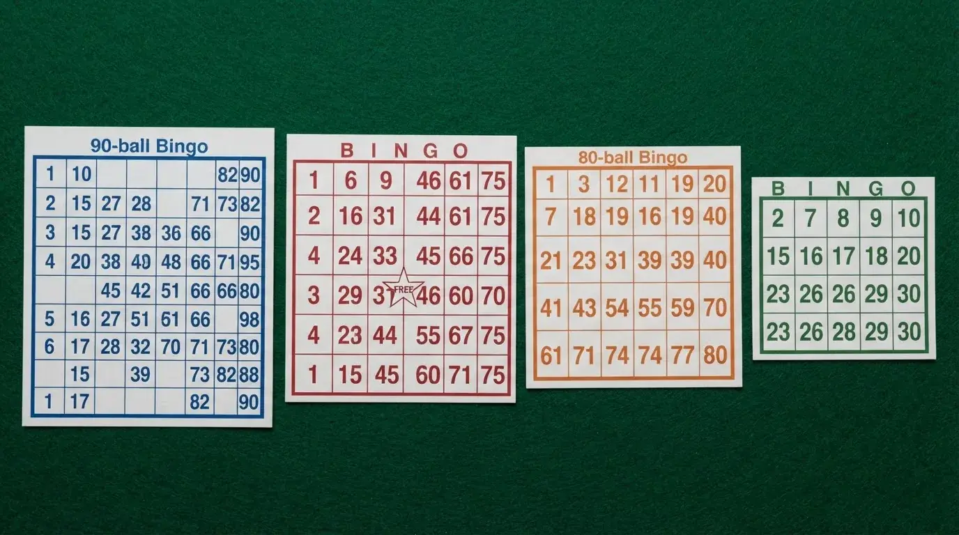 Cuatro cartones de bingo dispuestos en fila — 90 bolas (3×9), 75 bolas (5×5), 80 bolas (4×4) y 30 bolas (3×3) — cada uno con distinto número de casillas y colores
