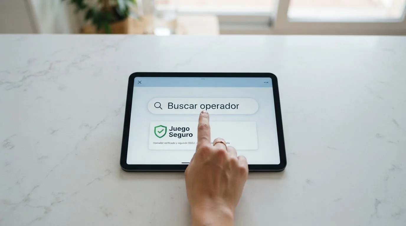 Pantalla del buscador oficial de ordenacionjuego.es con el resultado de un operador y el sello Juego Seguro en primer plano